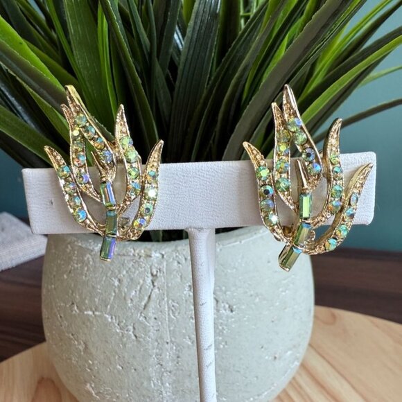 Vtg Doods Brooch & Earring Set Green Iridescent Rhinestones Gold Tone Statement - Picture 3 of 10